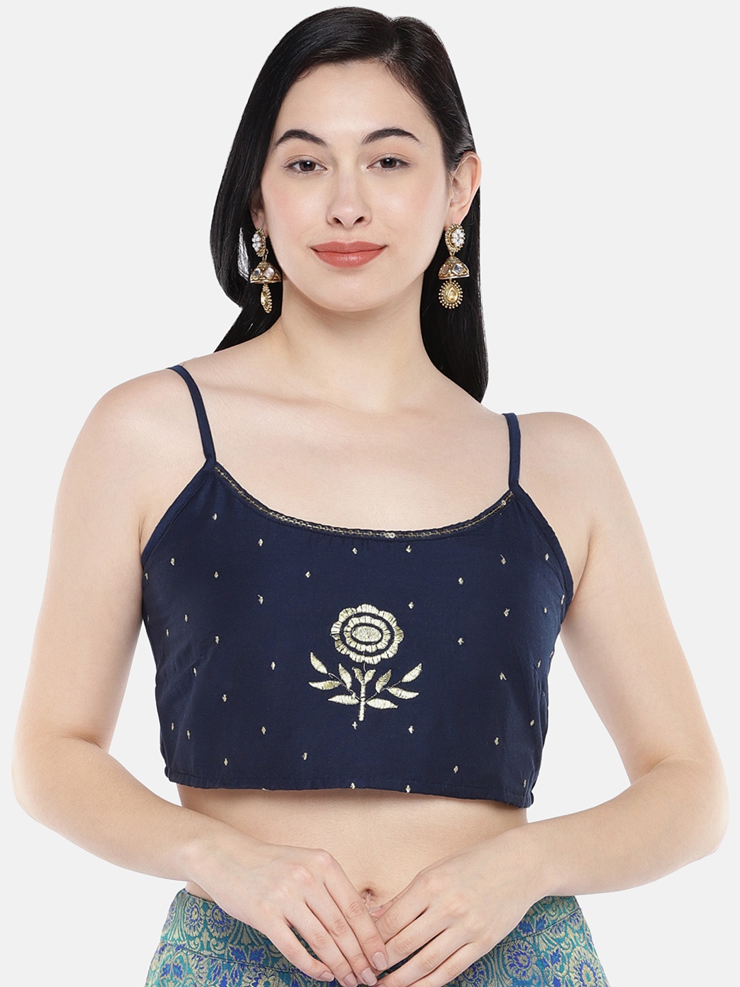 

Globus Women Navy Blue Embroidered Crop Top