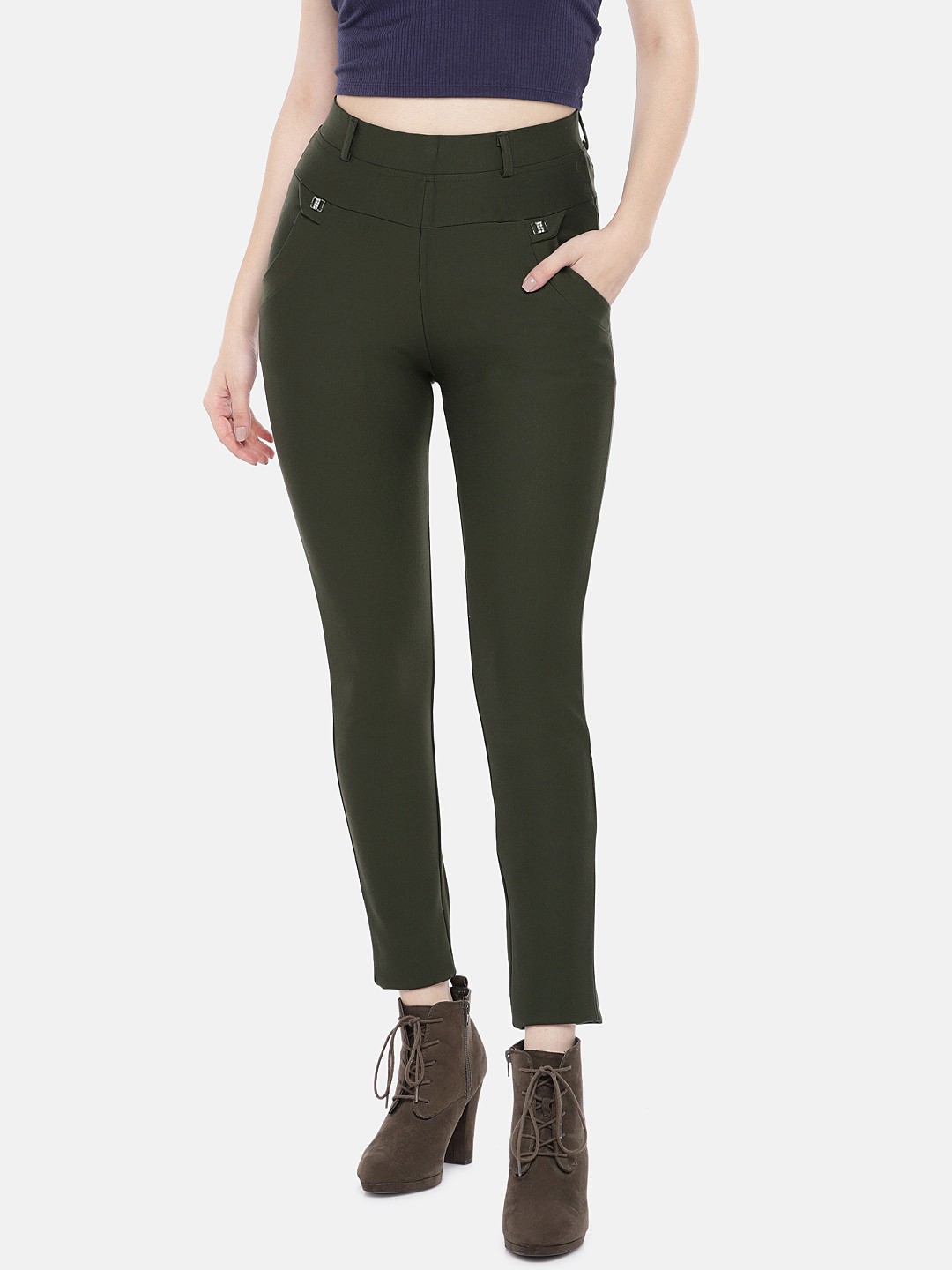

Globus Women Olive Green Slim Fit Solid Treggings