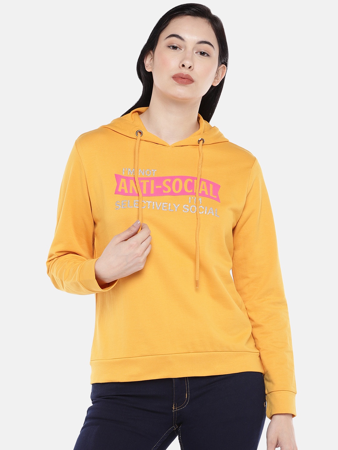 

Globus Women Mustard Yellow & Pink Printed Hooded Sweatshirt