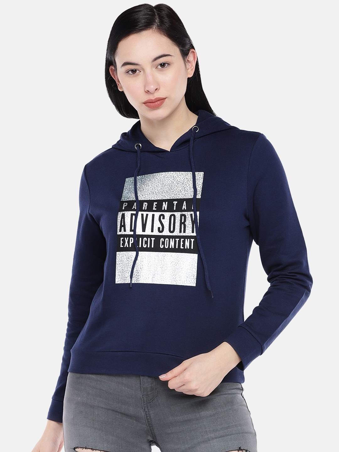 

Globus Women Navy Blue Printed Hooded Sweatshirt