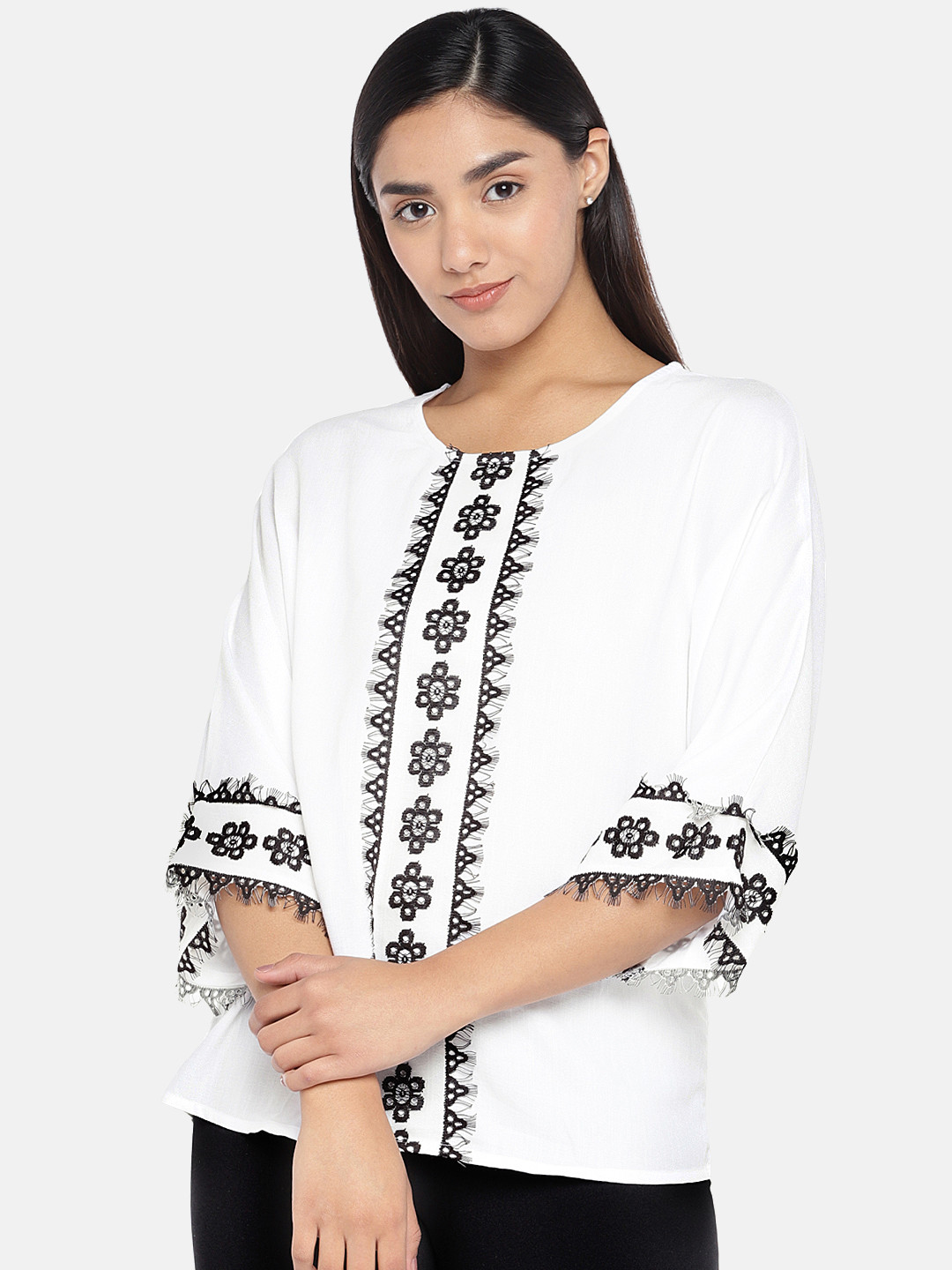 

Globus Women Off-White & Black Self Design Top