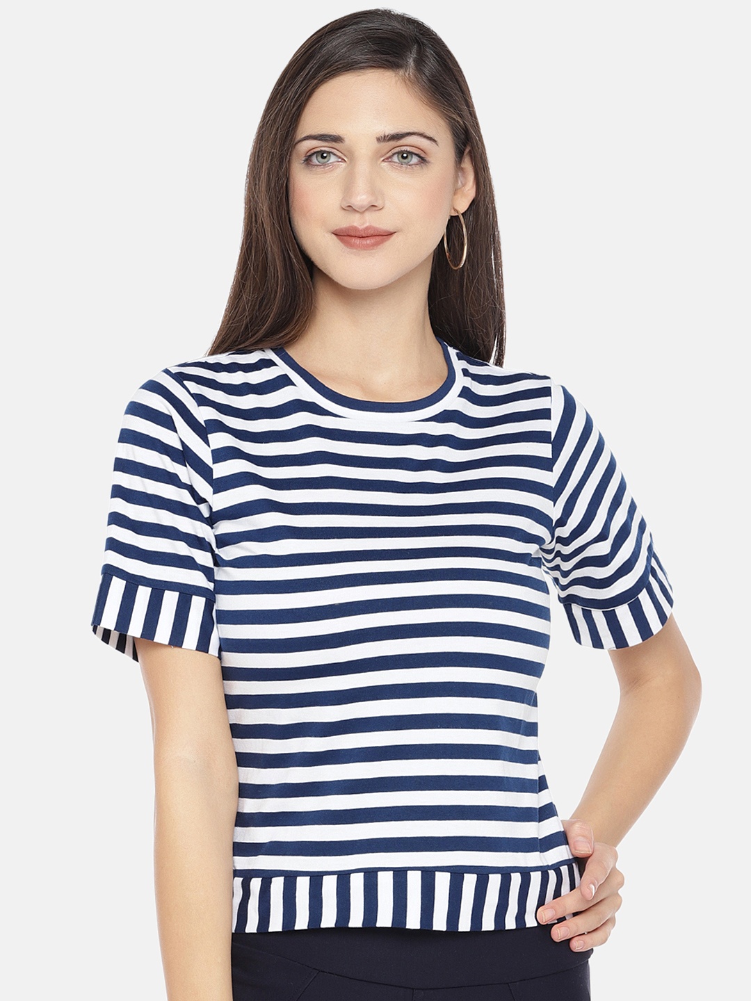 

Globus Women White & Navy Blue Striped Pure Cotton Top