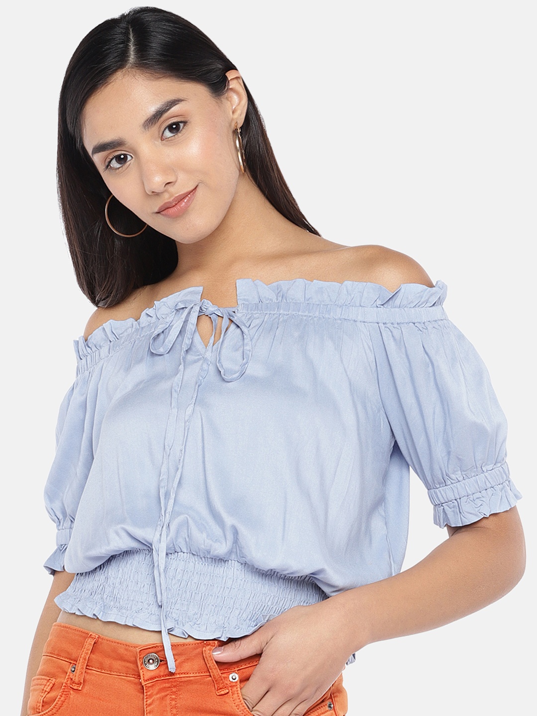 

Globus Women Blue Solid Bardot Top