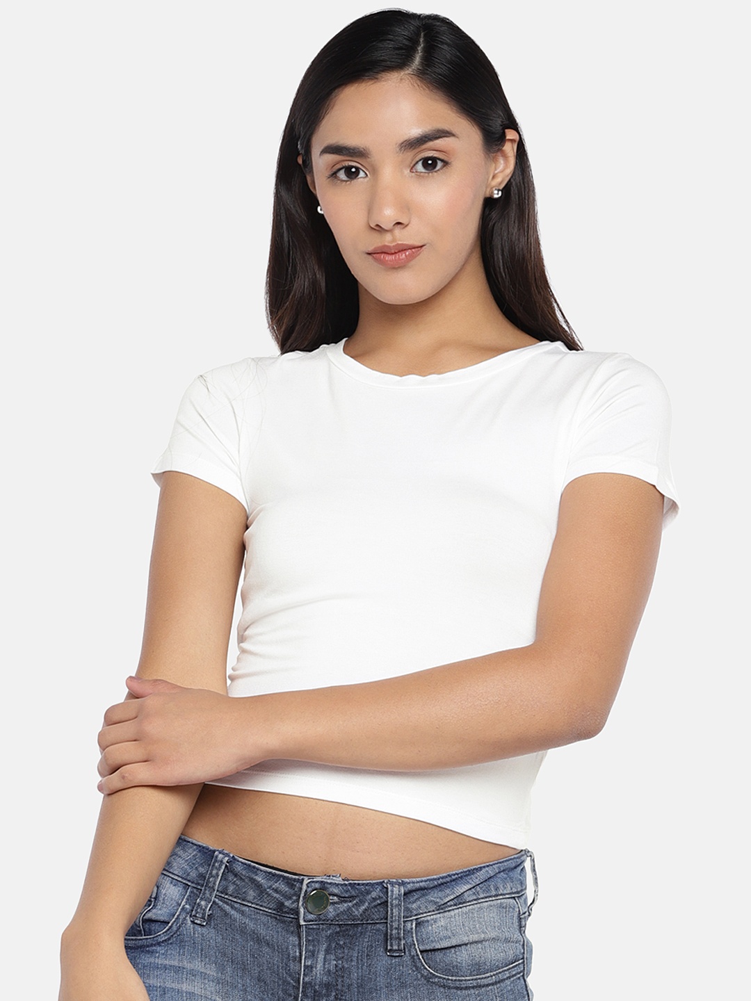 

Globus Women White Solid Crop Pure Cotton Top