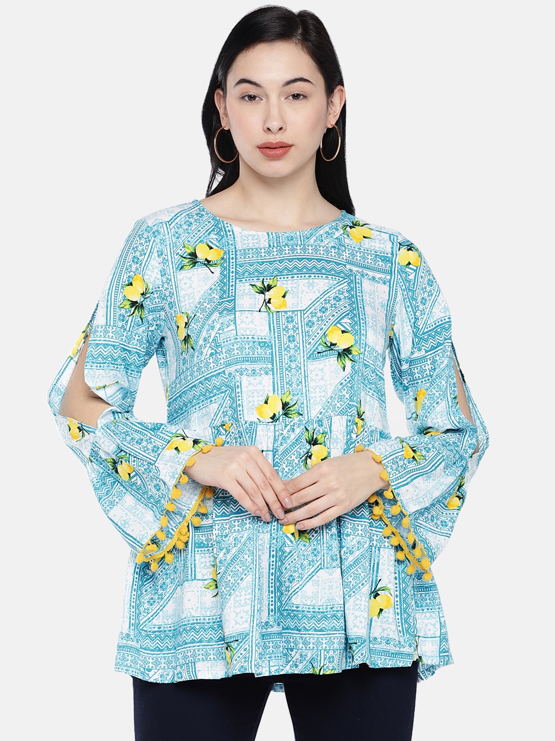 

Globus Women Blue Printed Longline Cinched Waist Top