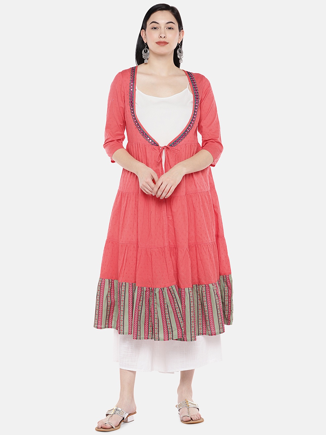 

Globus Women Peach-Coloured Embroidered A-Line Pure Cotton Top
