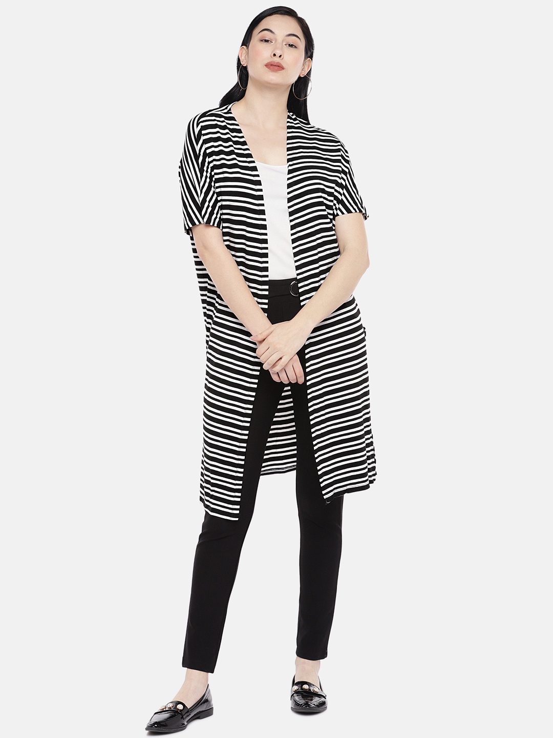 

Globus Women Black & White Striped Open Front Shrug