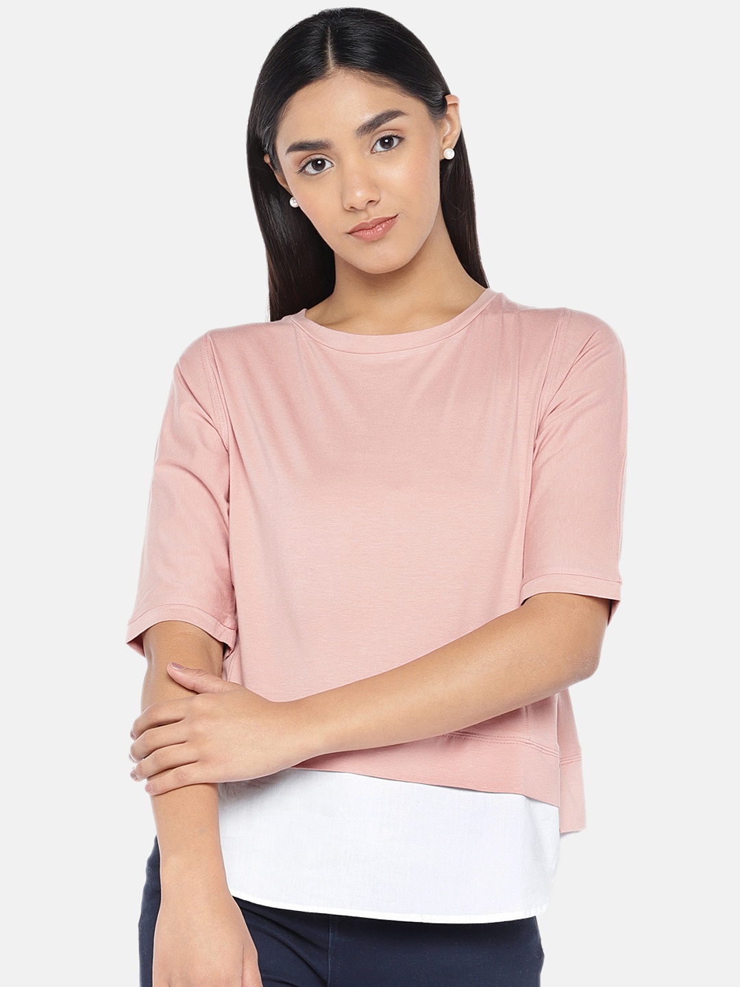 

Globus Women Peach-Coloured Colourblocked Pure Cotton Top