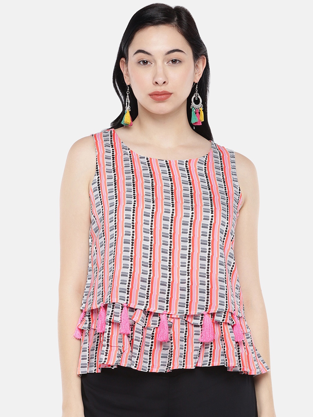 

Globus Women Pink Printed Layered Tasselled Top