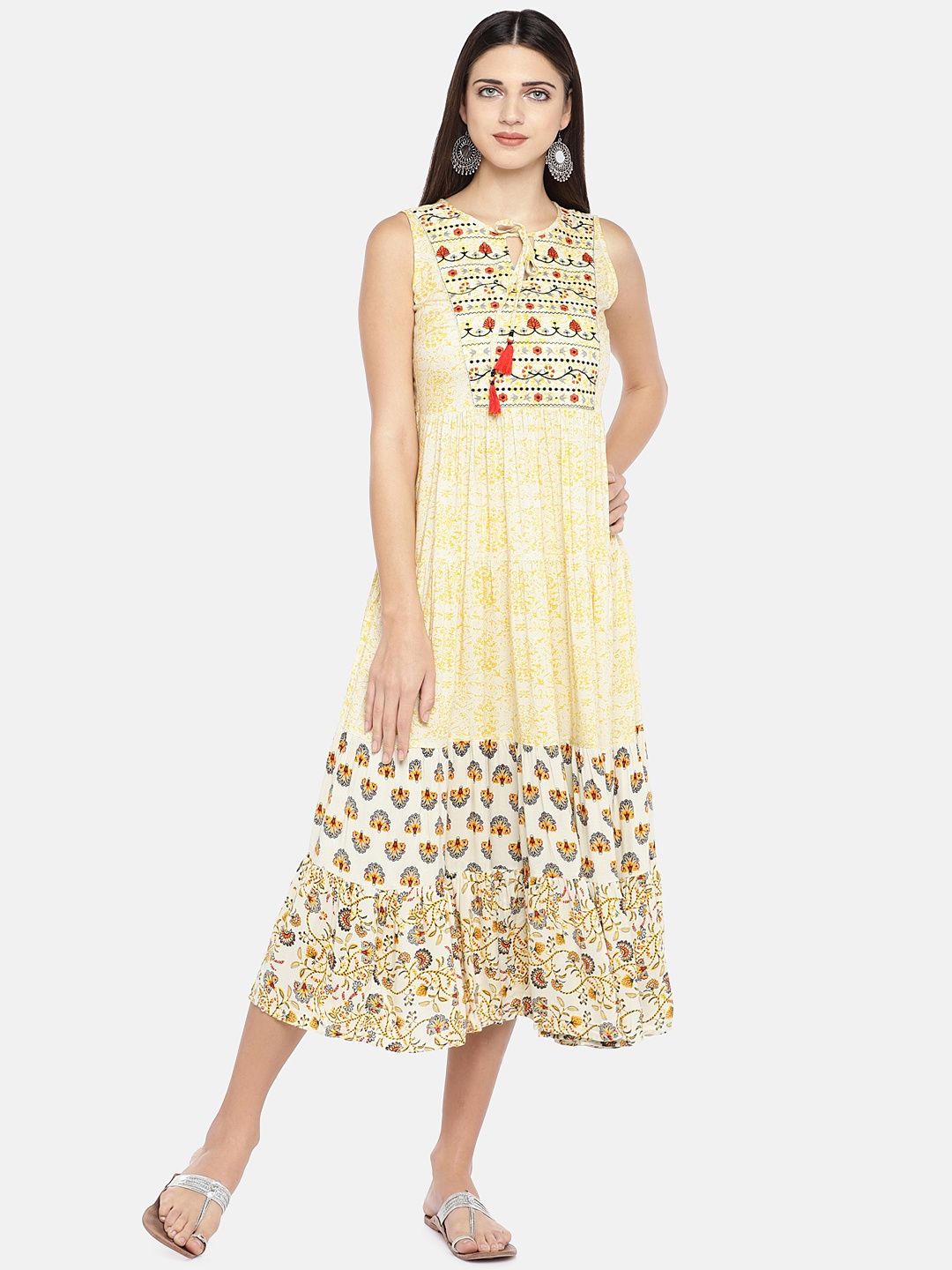 

Globus Women Yellow Printed Tiered Empire Dress