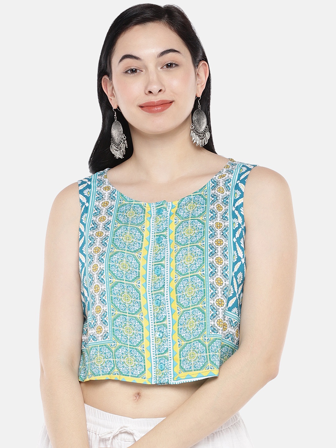 

Globus Women Blue Printed Crop Top