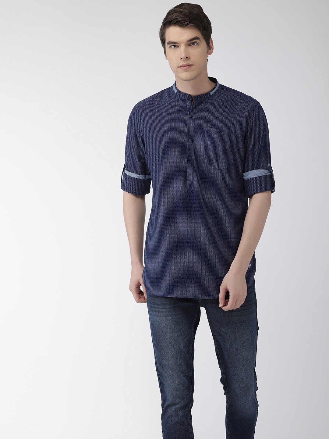 

Flying Machine Men Navy Blue & White Slim Fit Self Design Casual Shirt