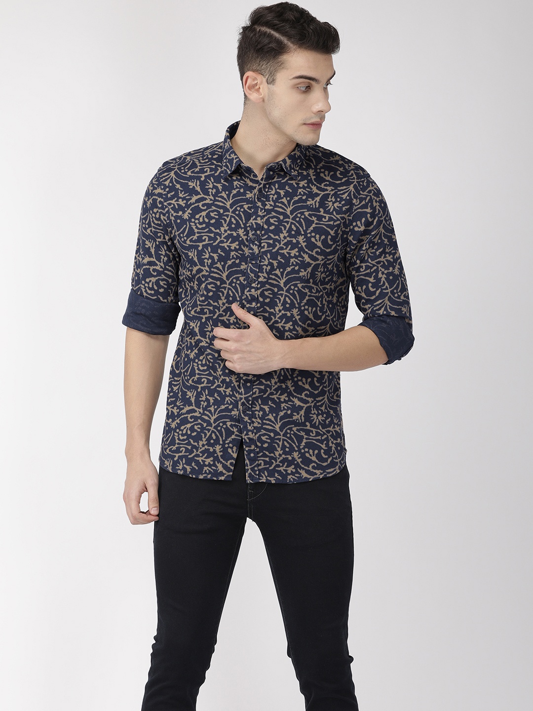 

Flying Machine Men Navy Slim Fit Printed Casual Shirt, Navy blue