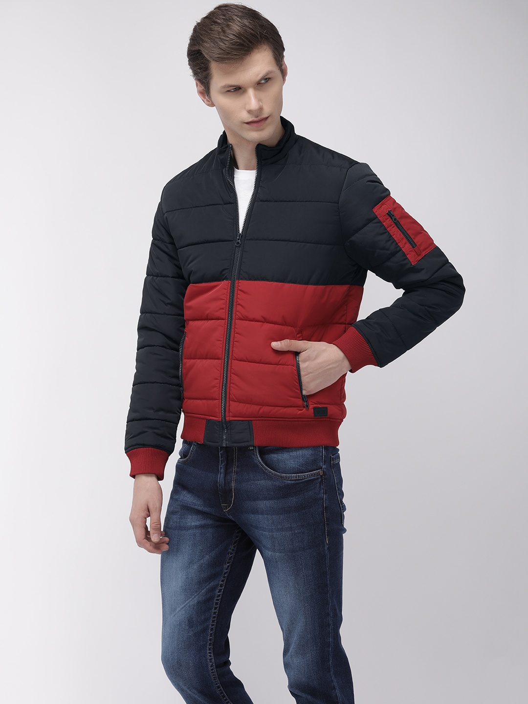 

Flying Machine Men Navy Blue Colourblocked Puffer Jacket