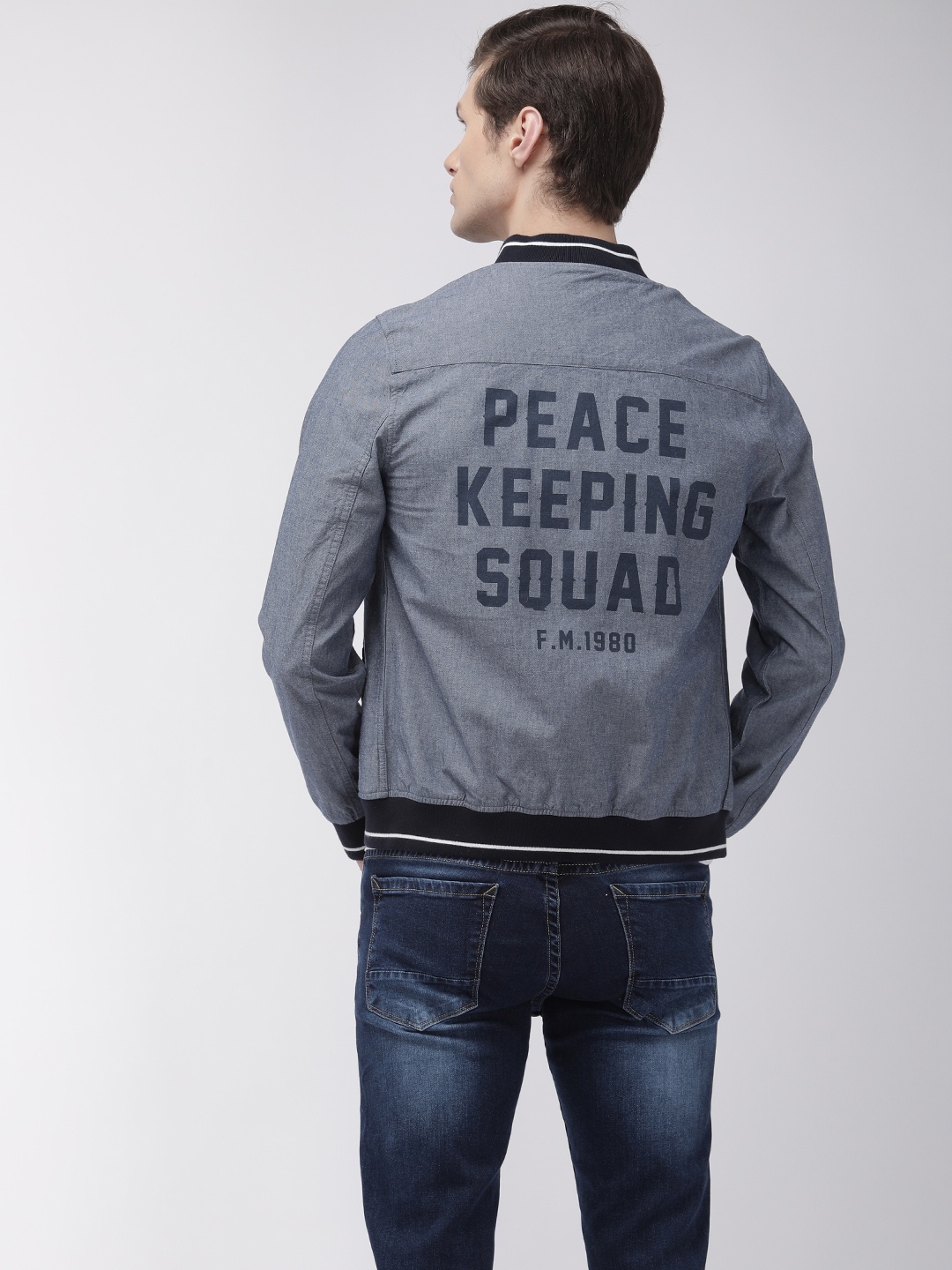 

Flying Machine Men Navy Blue Printed Bomber Jacket