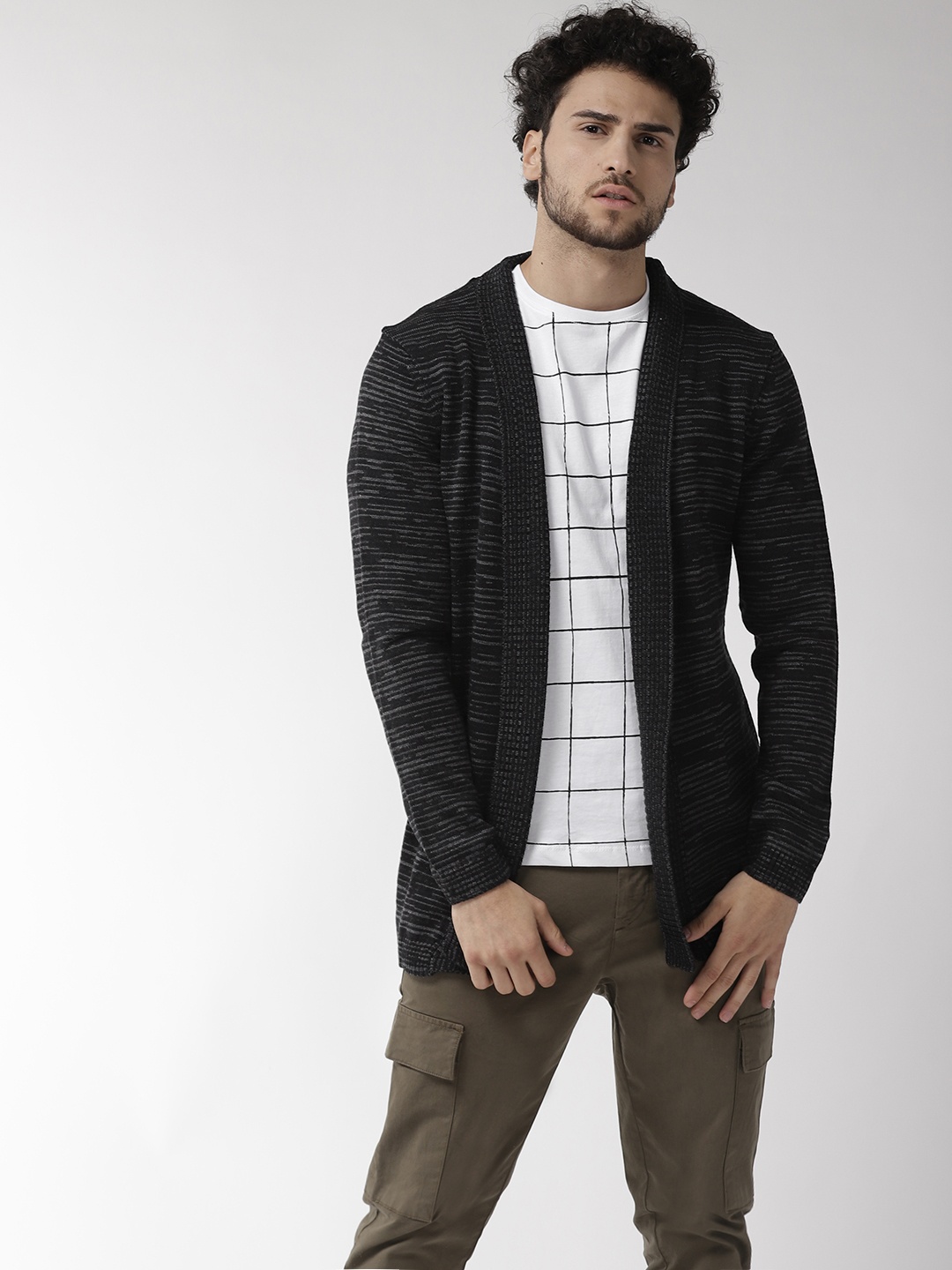 

Flying Machine Men Black & Charcoal Grey Self Design Front Open Sweater