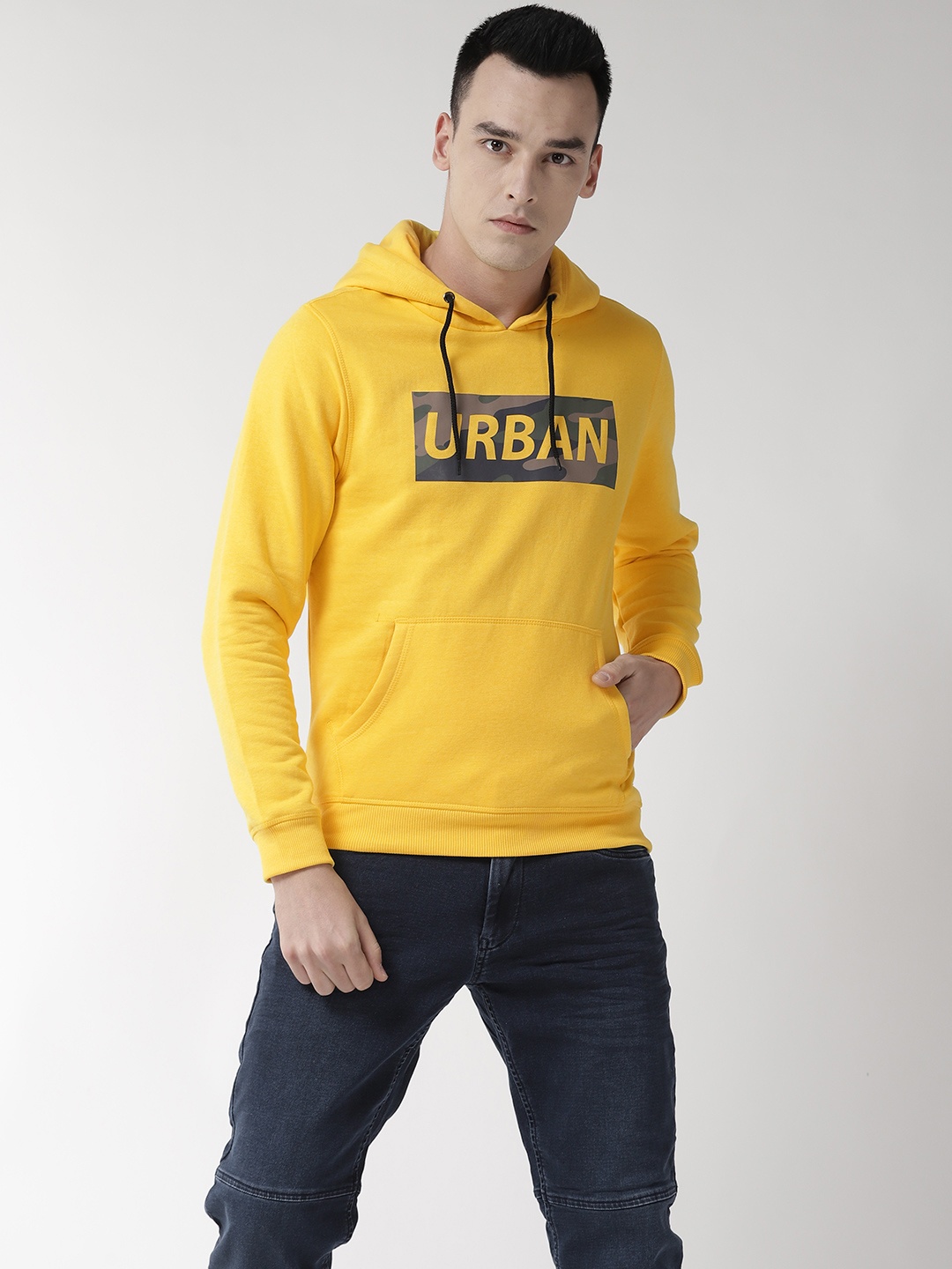 

Flying Machine Men Yellow Printed Hooded Sweatshirt