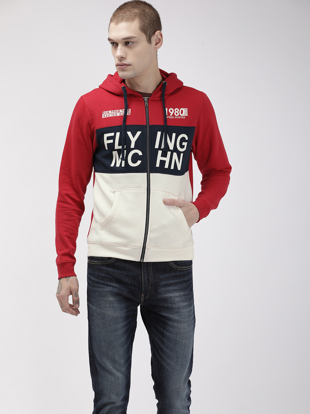 

Flying Machine Men Red & Off-White Printed Hooded Sweatshirt