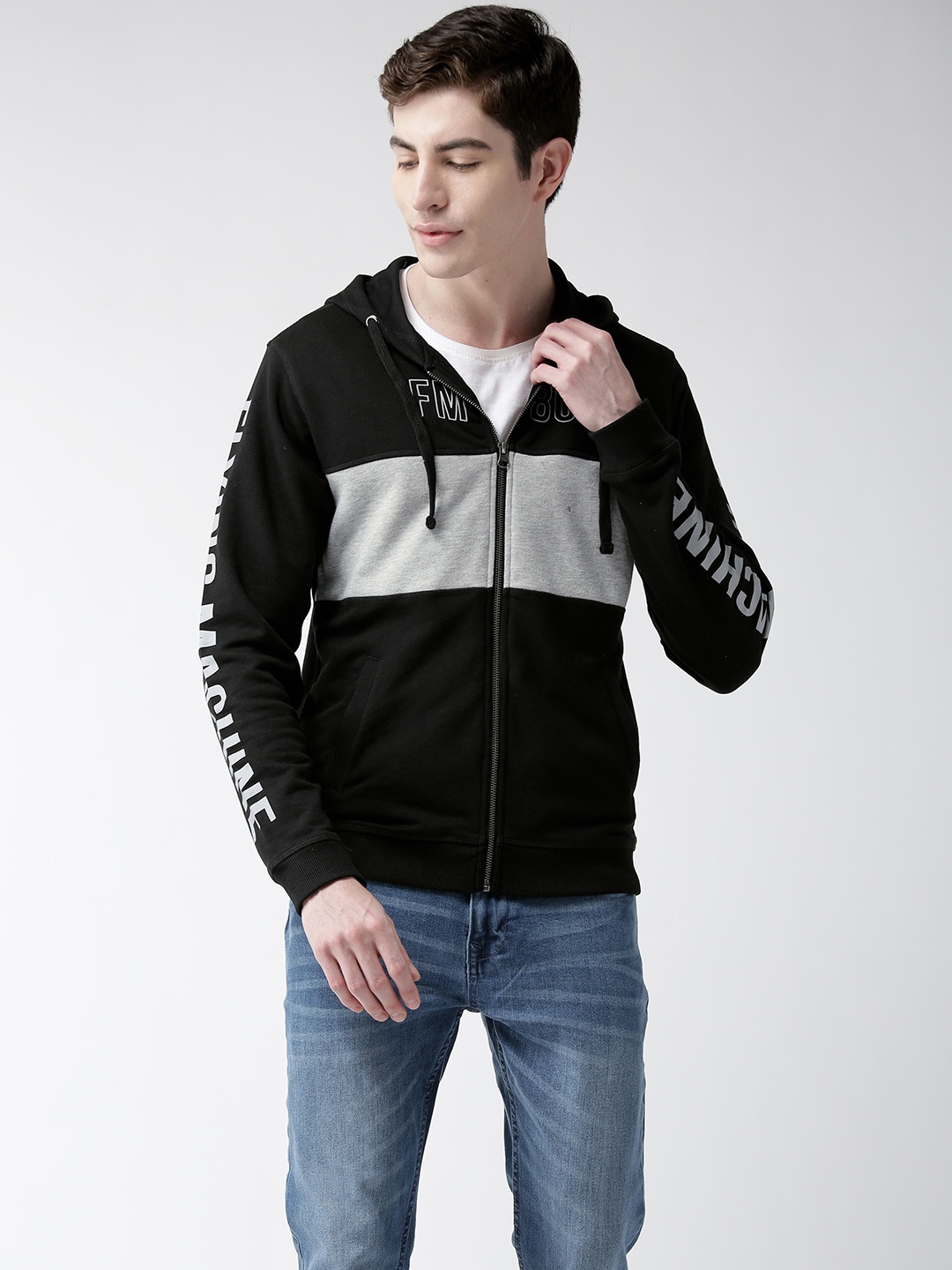 

Flying Machine Men Black & Grey Colourblocked Hooded Sweatshirt