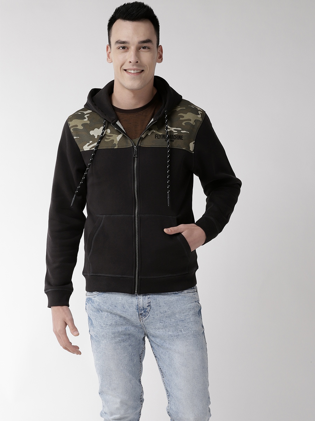 

Flying Machine Men Black & Olive Green Colourblocked Hooded Sweatshirt