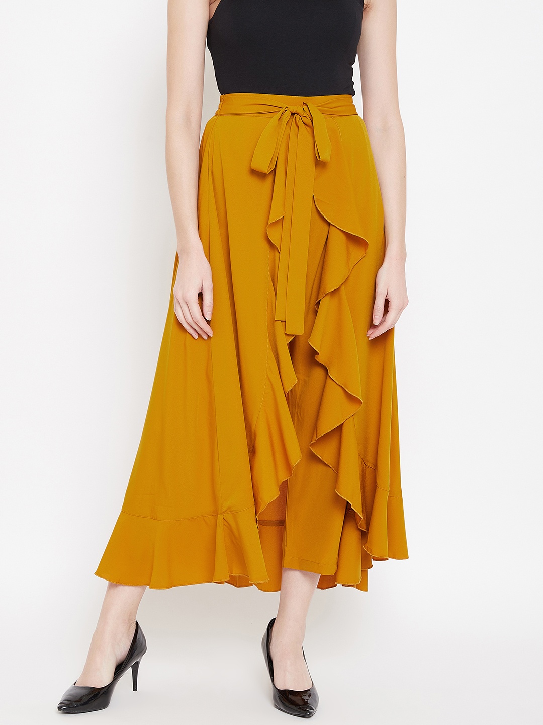 

Berrylush Women Mustard Yellow Solid High-Low Maxi Skirt with Attached Trousers