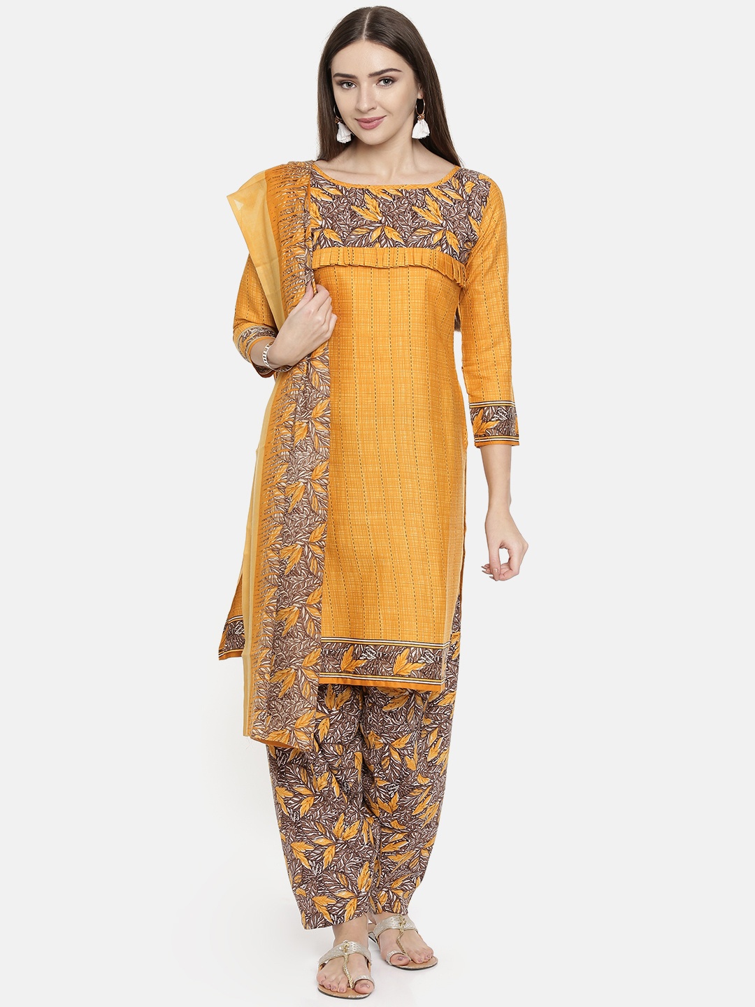 

Rajnandini Mustard Yellow & Brown Cotton Blend Unstitched Dress Material