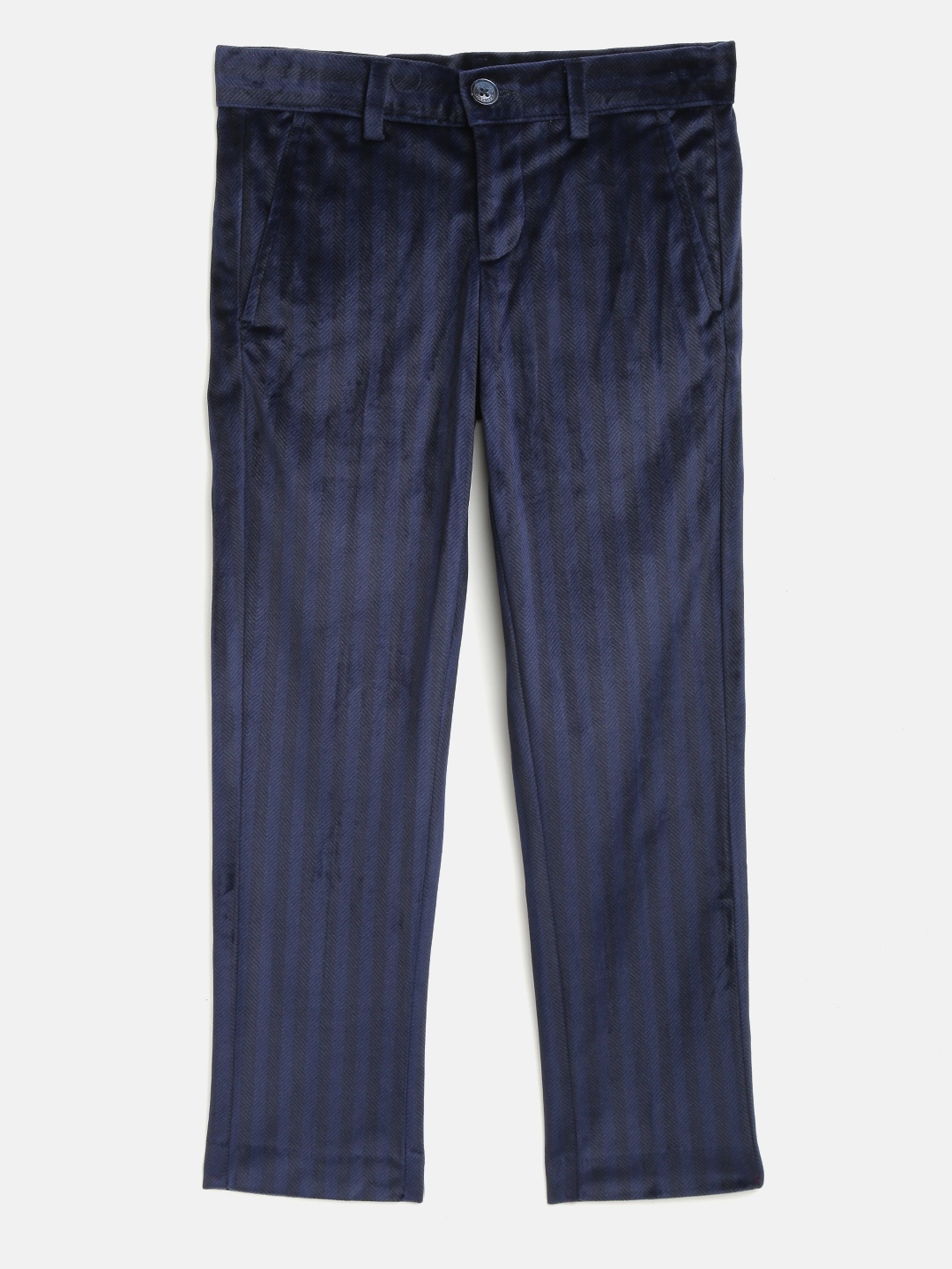

United Colors of Benetton Boys Navy Regular Fit Striped Velvet Finish Trousers, Navy blue