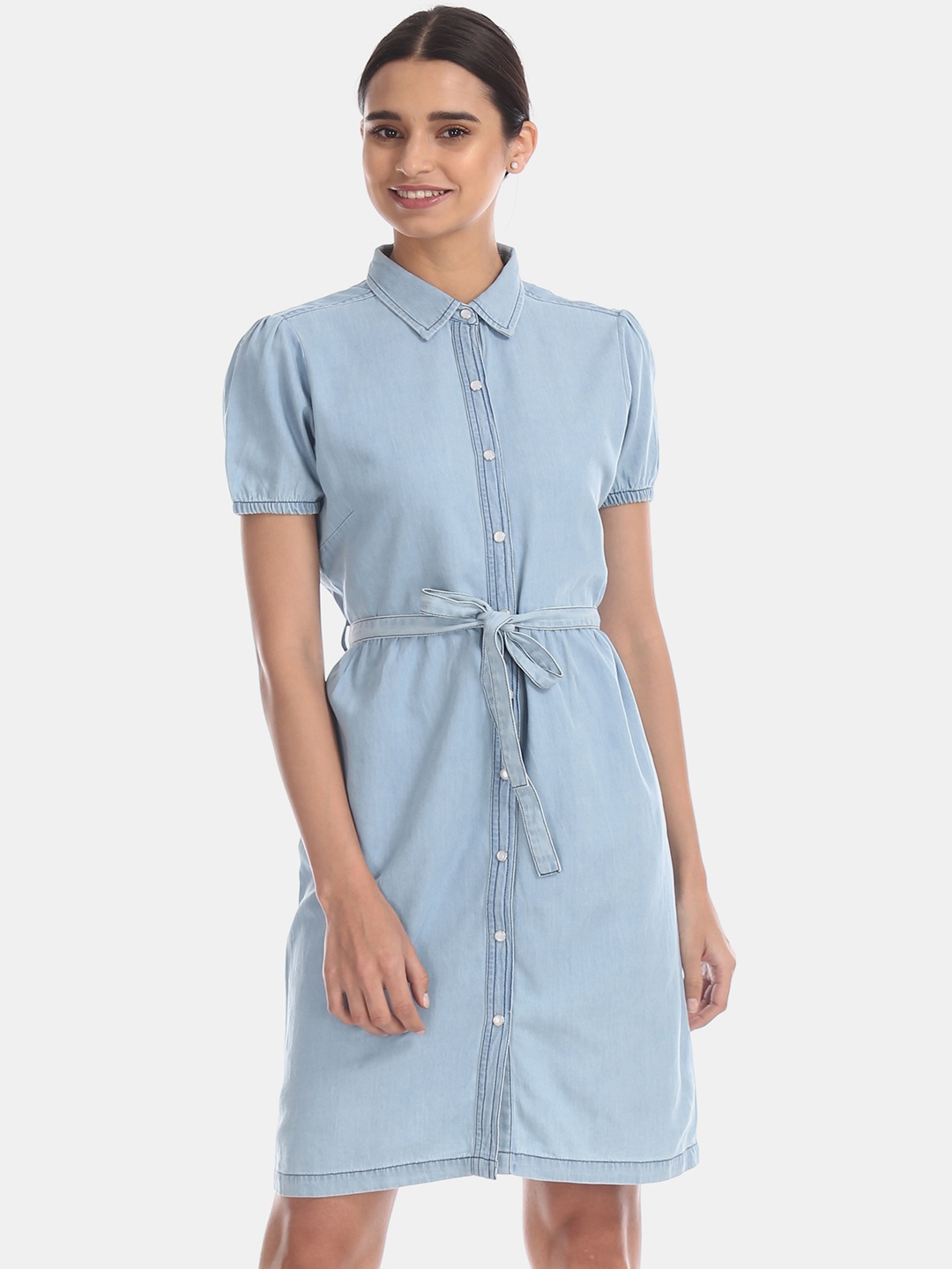 

Flying Machine Women Blue Solid Chambray Shirt Dress