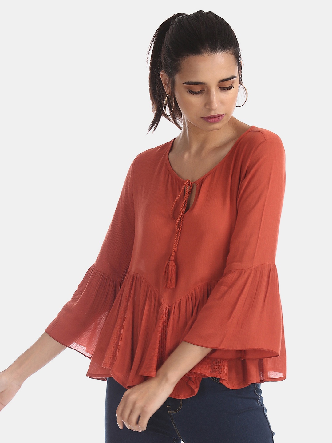 

Flying Machine Women Rust Brown Solid Peplum Pure Cotton Top