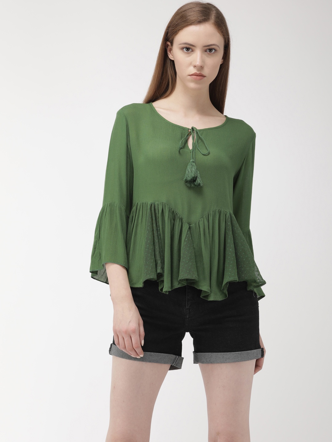 

Flying Machine Women Green Solid A-Line Top