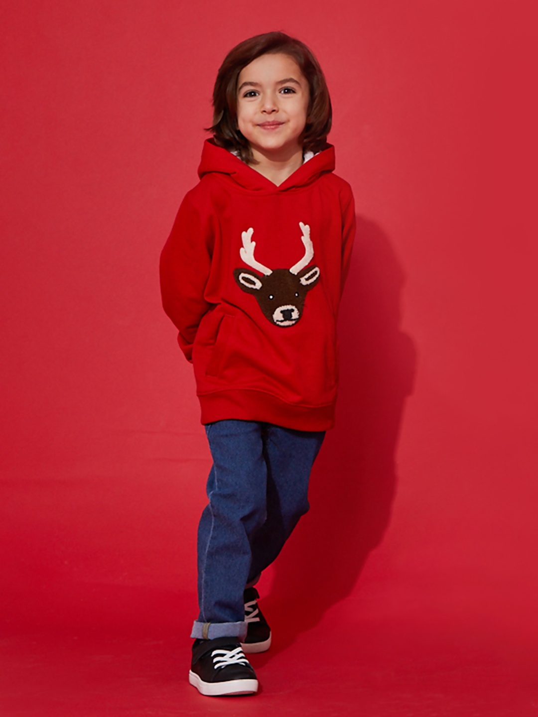

Cherry Crumble Kids Embroidered Cotton Hooded Festive Wear Sweatshirt, Red
