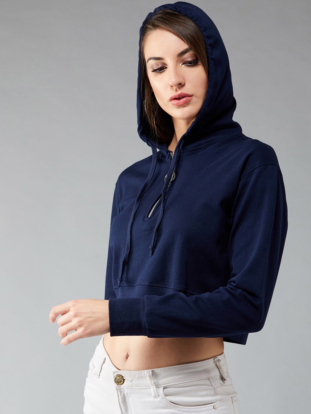 

DOLCE CRUDO Women Navy Blue Solid Hooded Sweatshirt