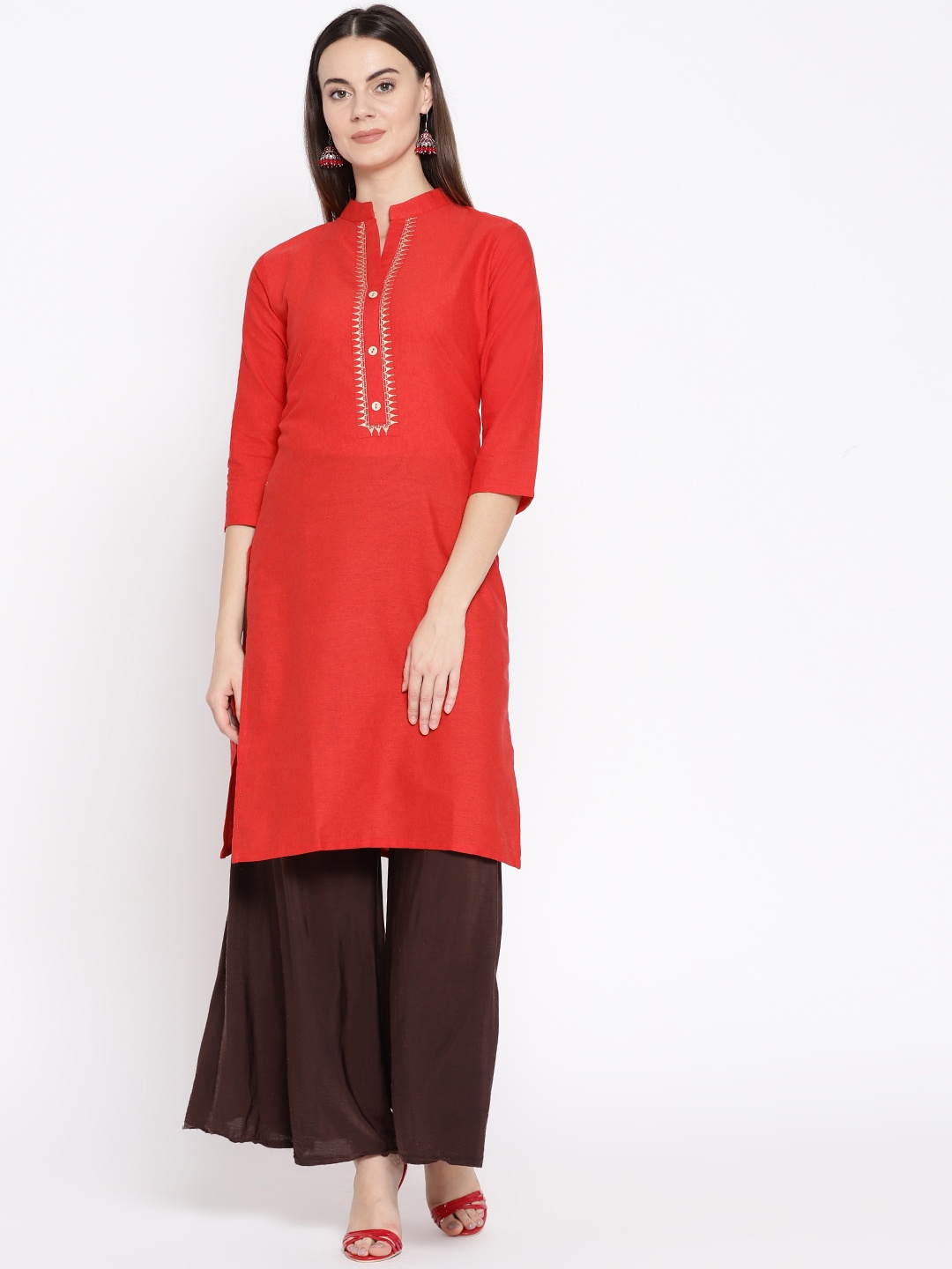 

Vastraa Fusion Women Red Yoke Design Straight Kurta
