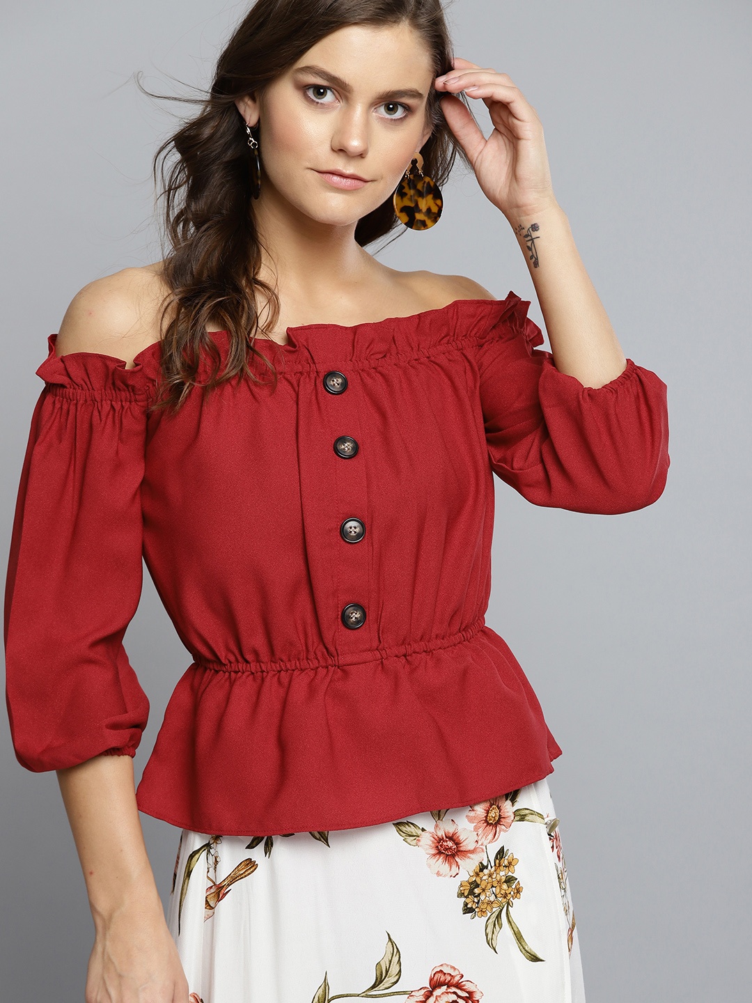 

Carlton London Women Red Solid Bardot Top