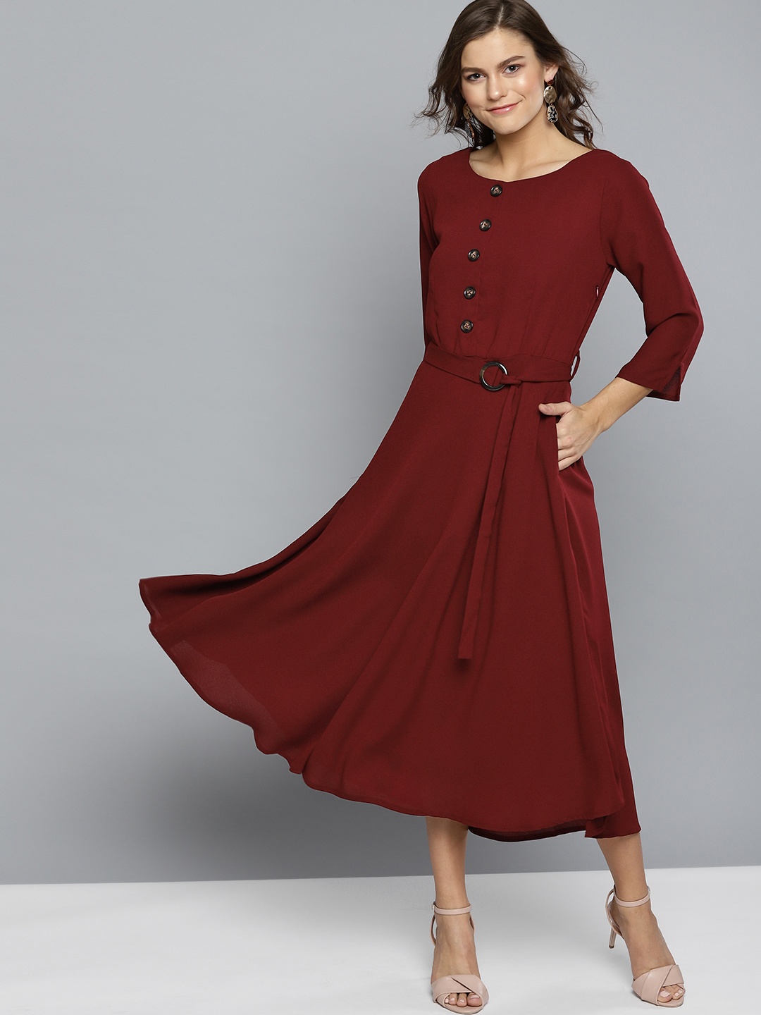 

Carlton London Women Maroon Solid A-Line Dress