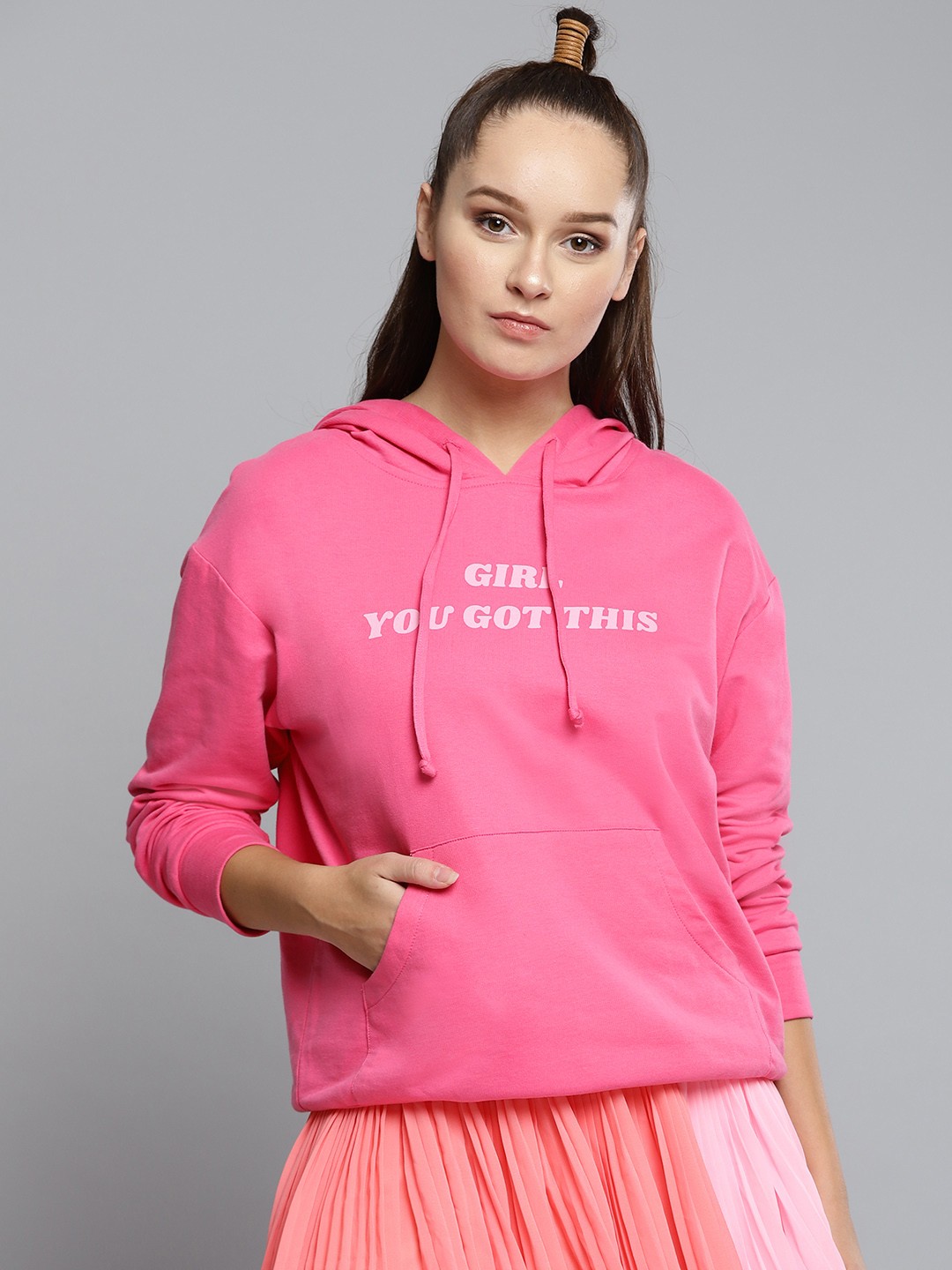 

Besiva Women Pink Printed Hooded Sweatshirt