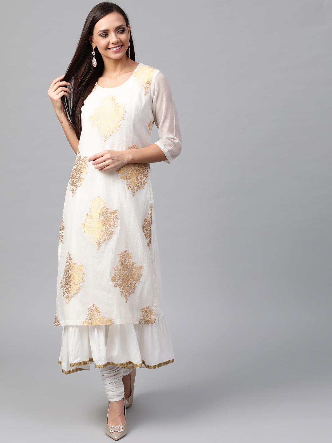 

Biba Women Off-White & Golden Layered Woven Design A-Line Kurta