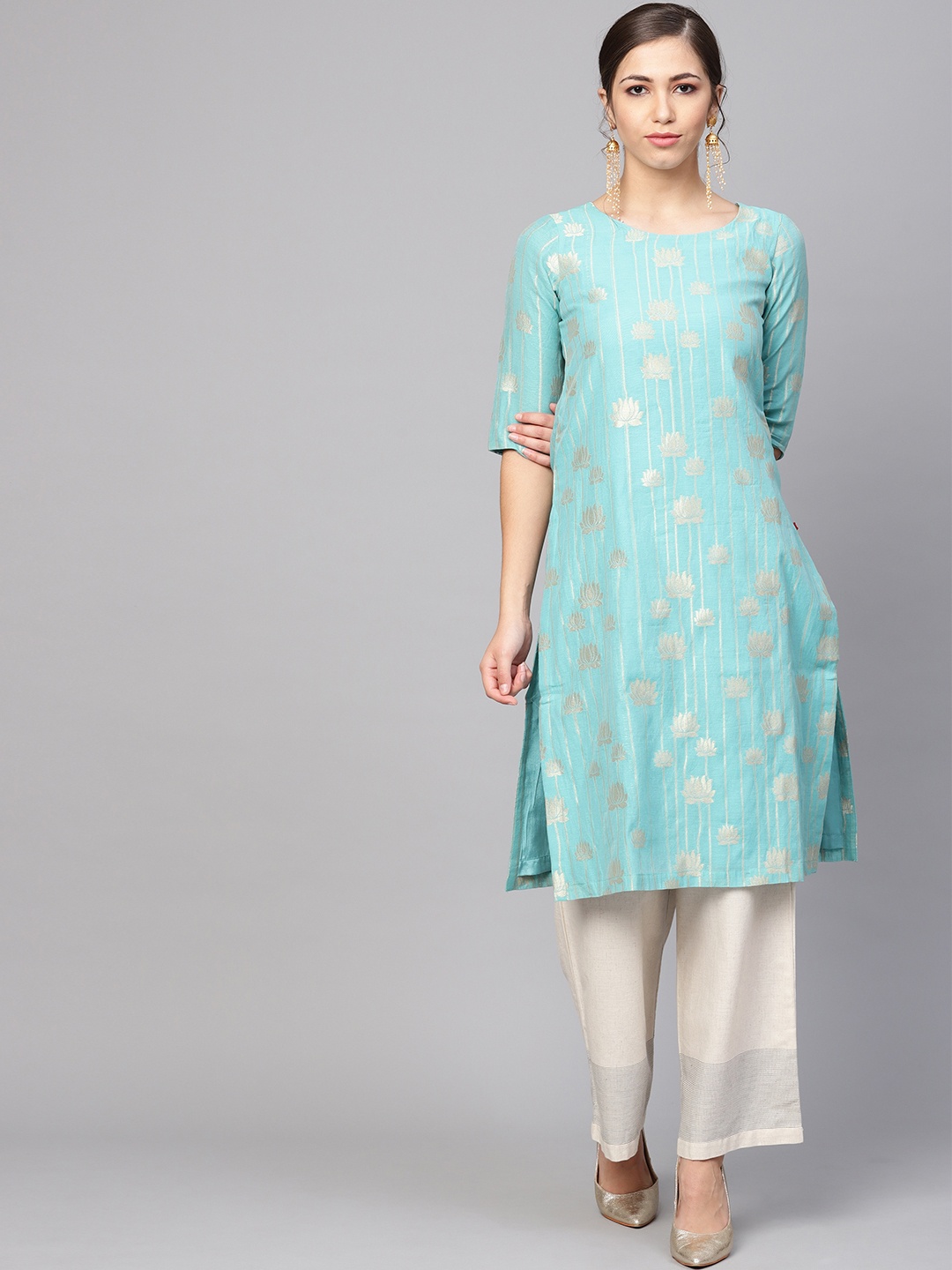 

Biba Women Blue & Silver Floral Woven Design Straight Kurta