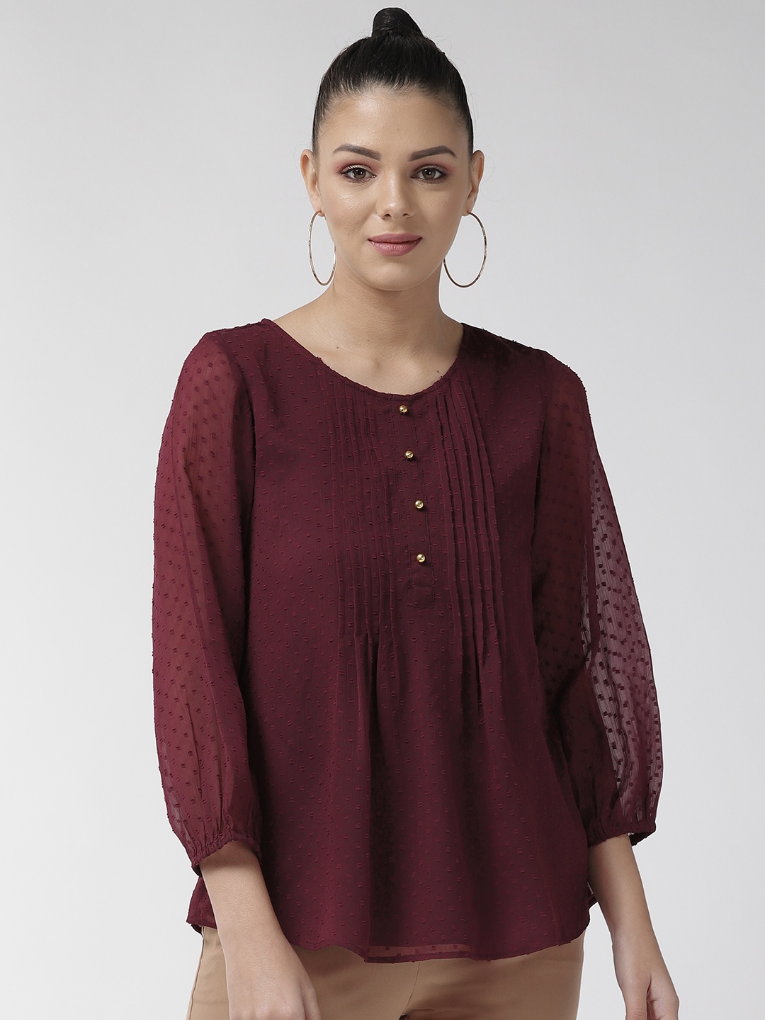 

Antheaa Women Maroon Dobby Weave Self Design Top