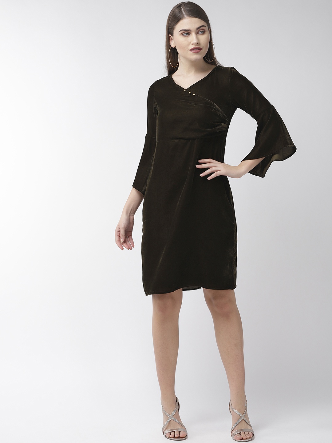 

Antheaa Women Olive Green Solid Velvet Finish Wrap Dress