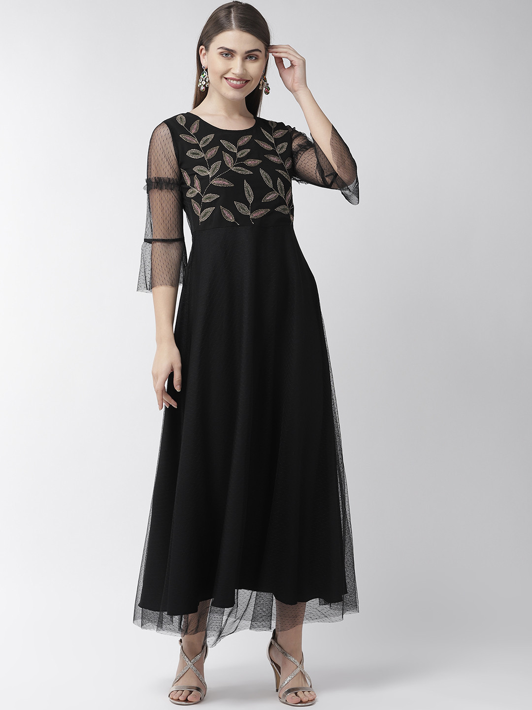 

Antheaa Women Black Floral Self-Design Net Maxi Dress