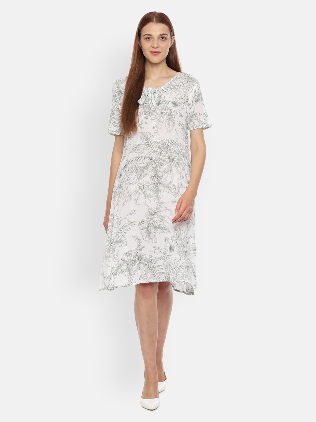 

Van Heusen Woman White & Grey Floral Printed Fit and Flare Dress