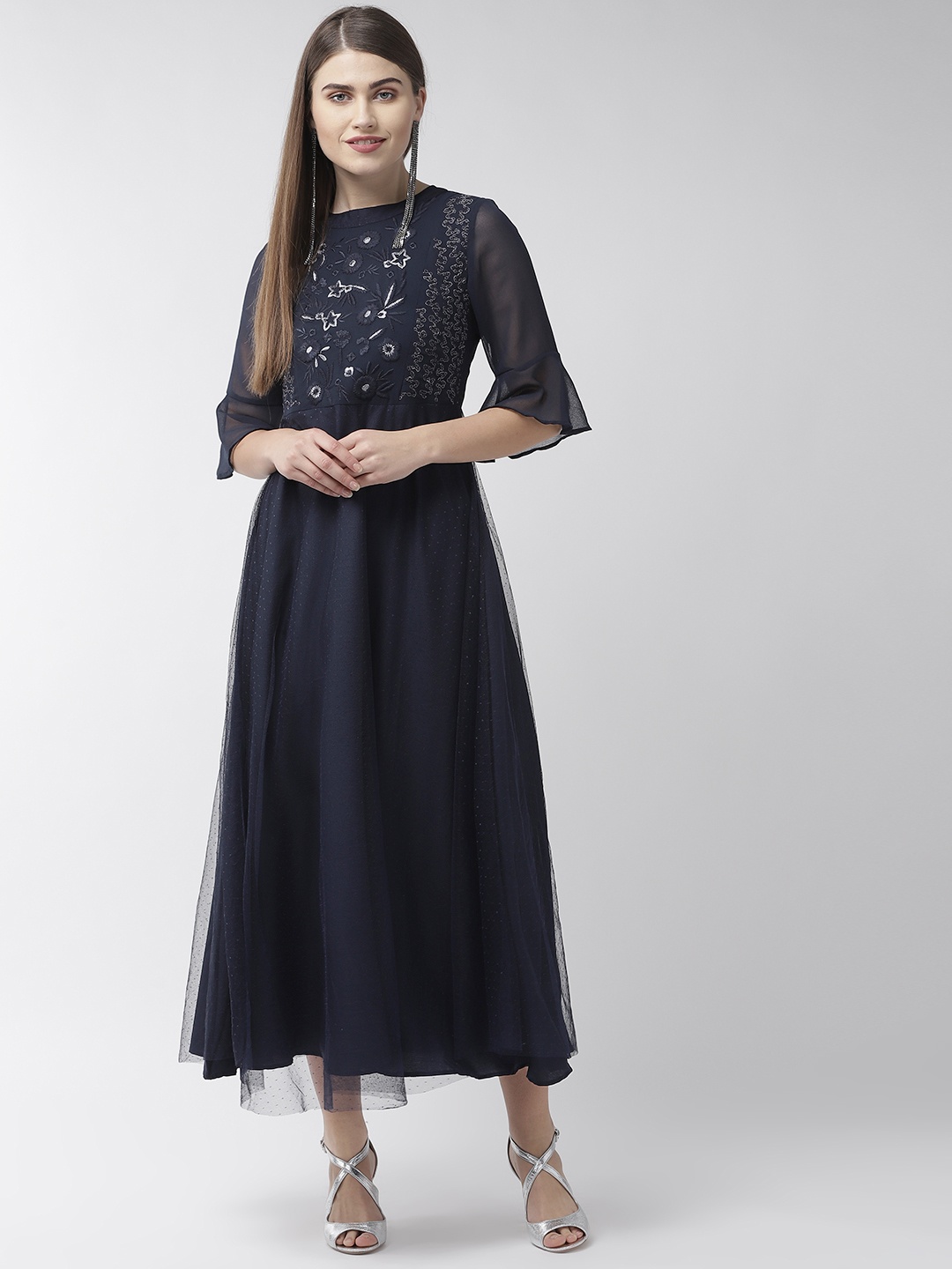 

Antheaa Women Navy Blue Self-Design Net Maxi Dress