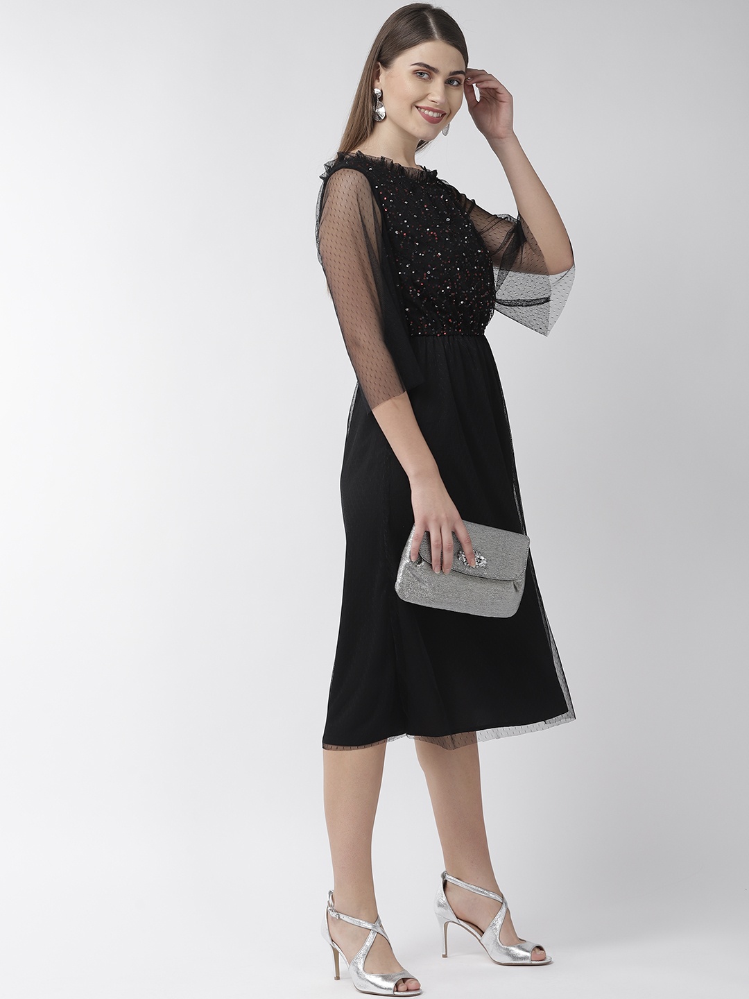 

Antheaa Women Black Self-Design Net A-Line Dress