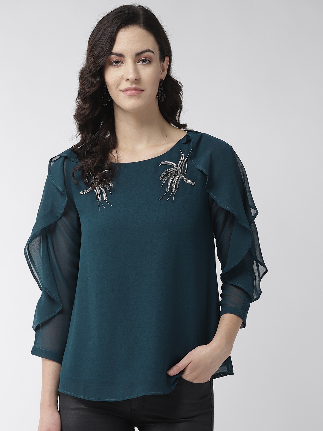 

Antheaa Teal Blue Embellished Detail Top