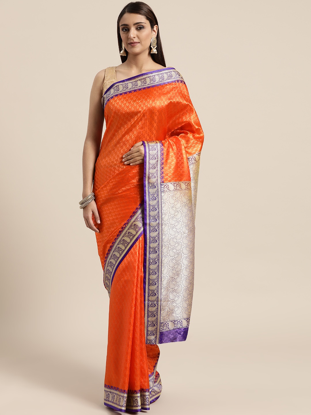 

BANARASI SILK WORKS Orange & Purple Woven Design Banarasi Saree