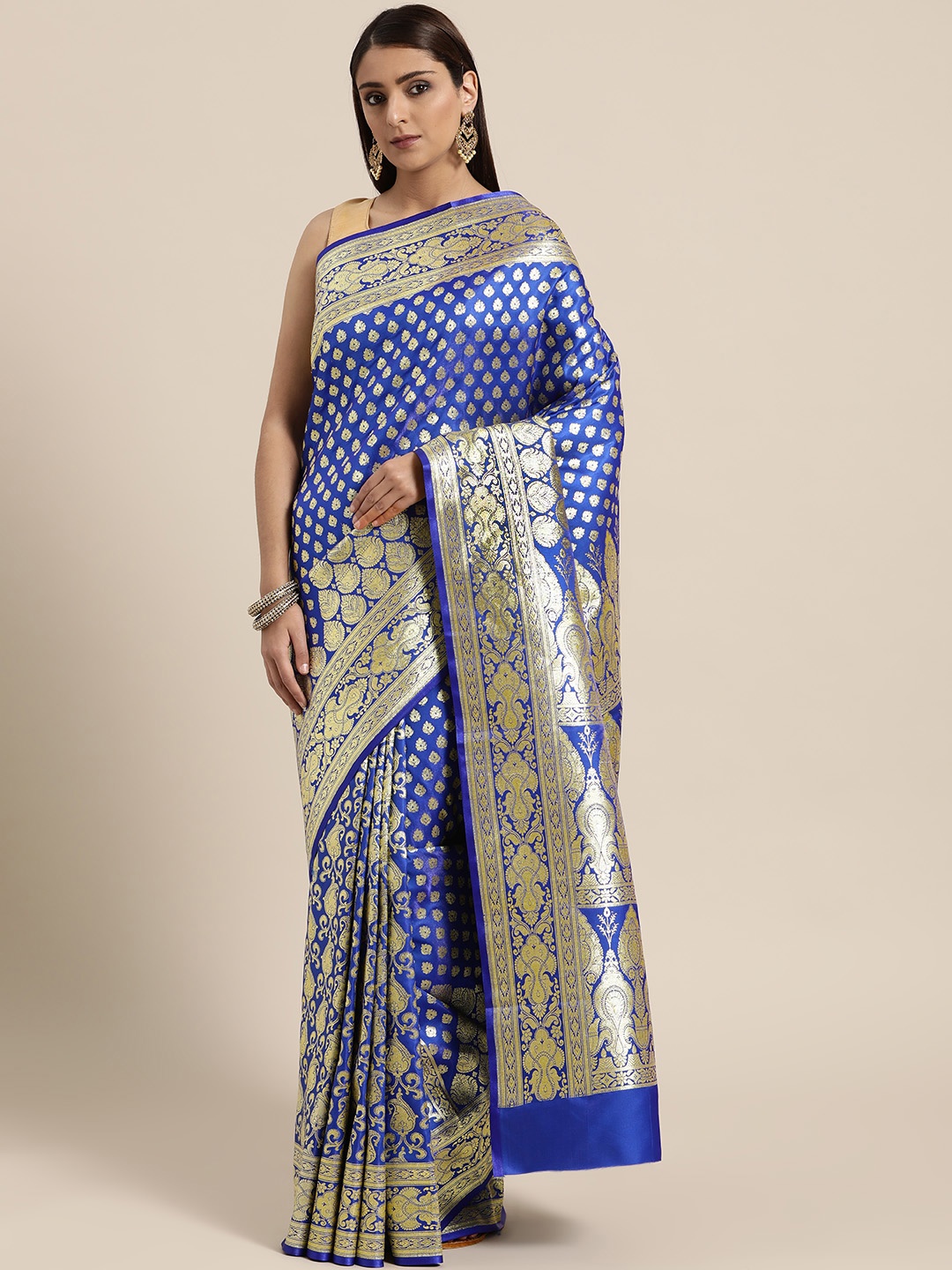 

BANARASI SILK WORKS Blue & GoldEN Woven Design Banarasi Saree