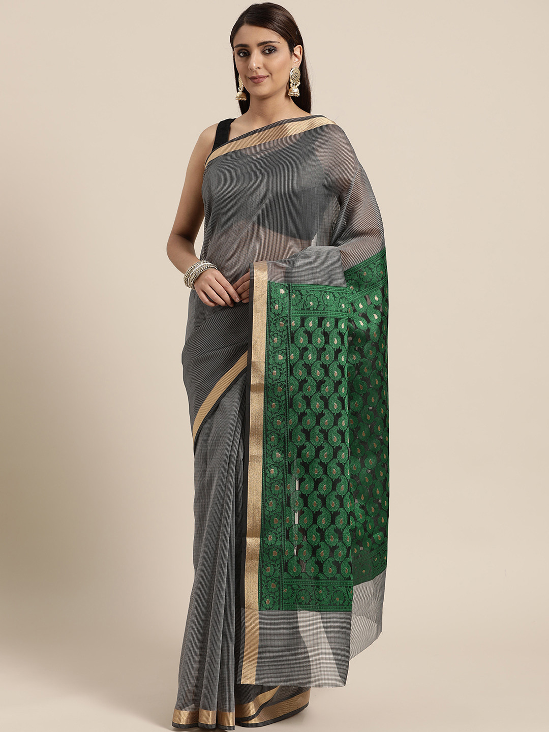 

BANARASI SILK WORKS Charcoal Grey & Green Checked Banarasi Saree