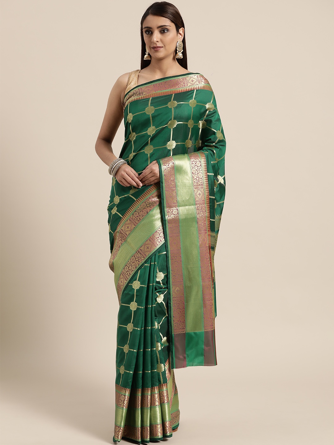 

BANARASI SILK WORKS Green & Golden Checked Banarasi Saree