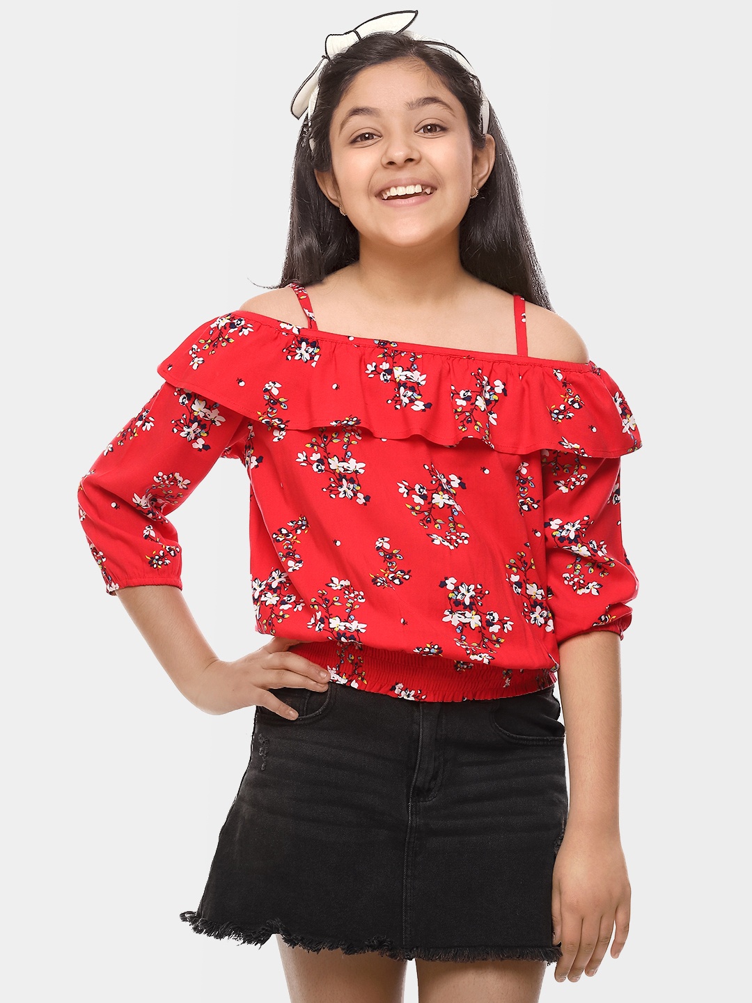 

CACA CINA Girls Red Floral Printed Blouson Top